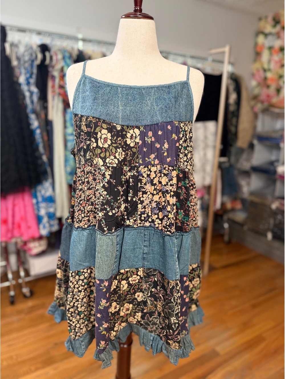 YOUNG THREADS Denim Floral Patchwork Tiered Boho Dress NWT 1X